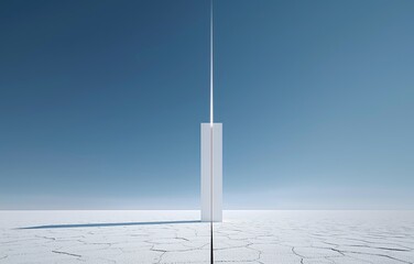 Minimalist structure casts shadow on dry cracked landscape under clear blue sky