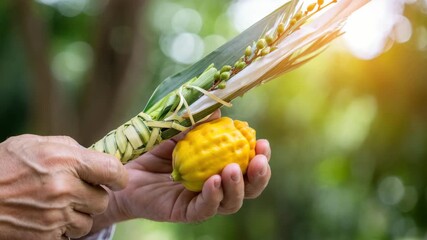 Lulav and etrog, Sukkot celebration, Jewish holiday, ritual symbols, spiritual tradition, autumn festival, religious observance, festive customs, faith expression, cultural heritage