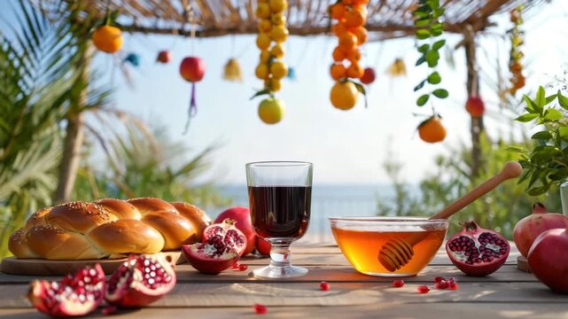 Sukkot celebration with festive table setting, traditional foods, holiday decor, autumn harvest atmosphere, outdoor dining, cultural significance, Jewish holiday, festive ambiance, natural materials