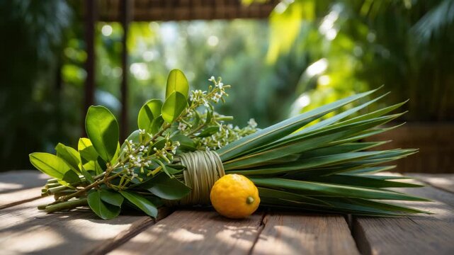 Sukkot four species, lulav and etrog, Jewish holiday tradition, autumn festival, religious ritual, green branches, harvest season, faith celebration, sacred symbol