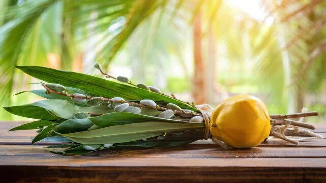 Traditional Sukkot lulav and etrog, Jewish holiday symbols, botanical elements, green background, religious celebration, sukkah decoration, vibrant foliage, tropical ambiance, autumn festival