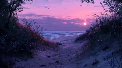 Beautiful orange and blue sunset over mountain landscape with clouds and reflection on water near the coast