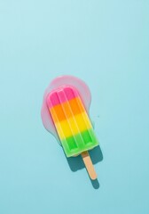 A colorful rainbow popsicle melting on a light blue background. The popsicle has layers of pink, yellow, green, and orange. It is partially melted, creating a puddle.