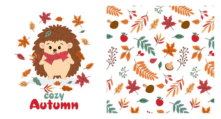 Vector illustration of a happy hedgehog in a cozy red scarf under colorful falling autumn leaves. This autumn leaf pattern is perfect for seasonal cards, decor, and fabric designs.