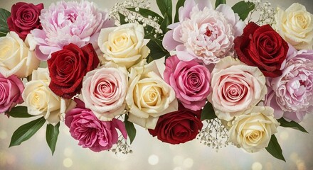 Naklejka premium Vibrant Bloom: A captivating array of exquisite roses and peonies in a spectrum of colors, meticulously arranged to showcase the peak of beauty.
