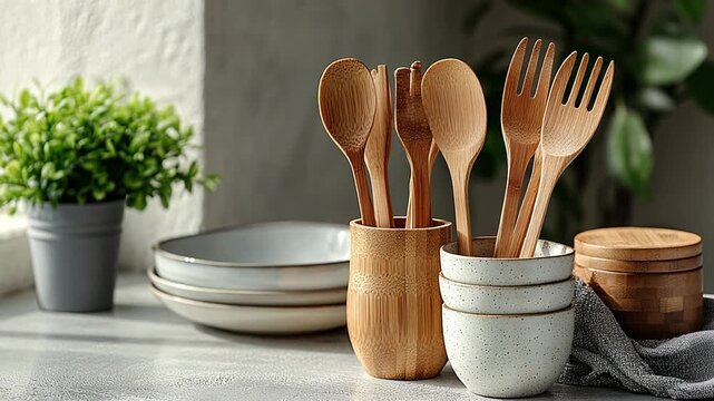 Wooden and ceramic kitchenware displayed on a countertop, lit by sunlight from a window.