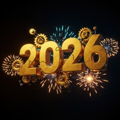 Golden 2026 numbers with gears and fireworks celebrating the new year