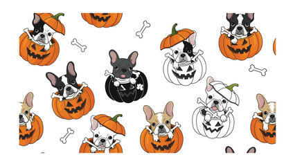 Fototapeta premium Halloween Puppies and Pumpkins: A festive Halloween-themed illustration, showcasing adorable puppies playfully peeking out of carved pumpkins, creating a whimsical and spirited scene.