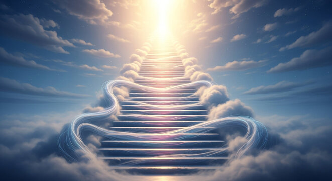Stunning stairway to heaven concept art with ethereal clouds and radiant light, inspiring hope and faith for spiritual journeys and aspirational goals