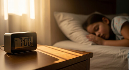 Gentle morning light wakes sleeping child at 7 AM, fostering healthy sleep habits and peaceful beginnings for family lifestyle marketing campaigns