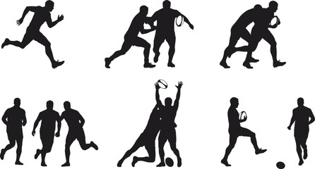 Collection of rugby player silhouettes in various poses, including running, tackling, and passing the ball, on a white background, perfect for sports design