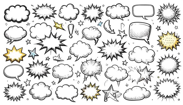 A collection of comic book speech bubbles and effects, some cloud-shaped, others jagged, all hand-drawn style - Powered by Adobe