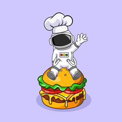 Chef Astronaut Sitting on Cheese Burger Vector Illustration Cartoon Design