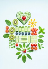 A colorful arrangement of fresh fruits and vegetables. Includes green cucumbers, red tomatoes, blueberries, kiwi, and leafy greens. The design forms a heart shape.