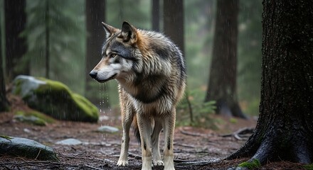 Obraz premium A majestic gray wolf stands amidst a misty, rainy forest, showcasing its impressive physique and alert posture.