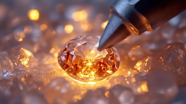 Close-up of a gemstone, illuminated by warm light, amidst a bed of crystals