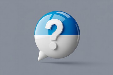 Blue and white speech bubble with a question mark on a gray background