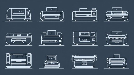 A collection of line art images of diverse printers, showcasing modern technology with sleek designs and various functionalities against a muted background.