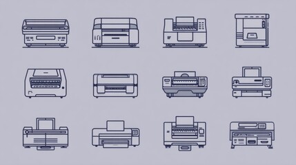 A detailed illustration of various printer models, showcasing their unique designs and functionalities, set against a uniform background.