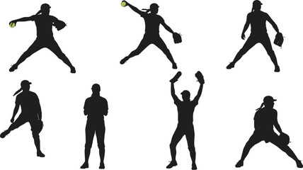 Silhouettes of female softball players in various poses, including pitching, ready stance, and celebrating a win, on a white background