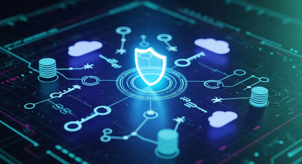 Cybersecurity shield safeguarding data with cloud connectivity, offering peace of mind in digital world with robust protection, modern technology solution