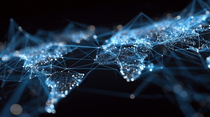A luminous digital network illuminates the world map, with interconnected lines of code. showing a modern, globalized communication network.  