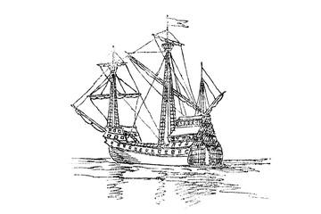 Spanish galleon from the Invincible Armada, old vintage illustration, 1879
