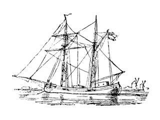 Cargo sailing Dutch merchant ship for canal navigation, old vintage illustration, 1879