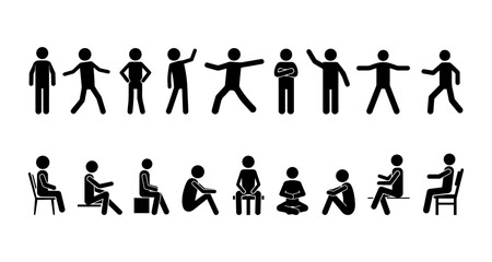 Stickman posture icons set. Human pictogram collection with standing, sitting, resting, thinking, and different body positions. Vector illustration for infographic, manual, and education design.