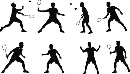 Dynamic silhouettes of badminton players in various action poses, including serving, smashing, and lunging, for sports and competition concepts