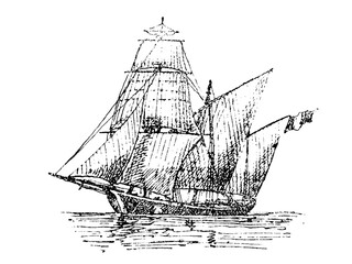 Medieval Mediterranean sailing and rowing armed ship with slanting sails, old vintage illustration, 1879 © Timofeeff