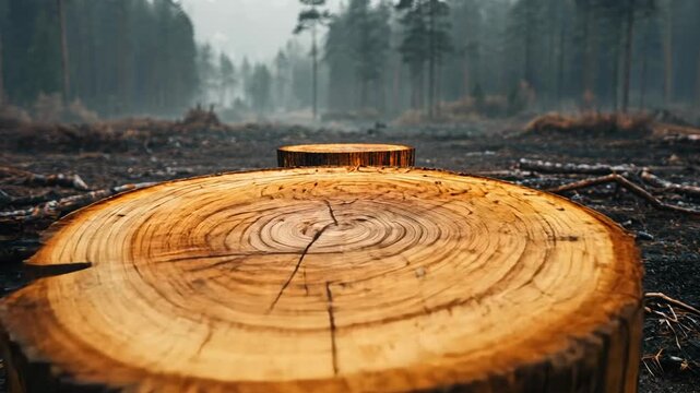A tree stump in a deforested area with a few remaining trees in the background.