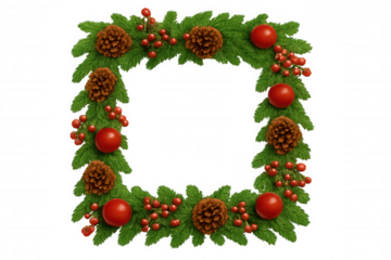 Christmas festive frame with pine branches, red ornaments, and berries on transparent background