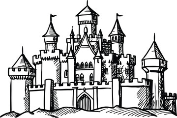Fototapeta premium Whimsical hand drawn castle illustration for fairytales