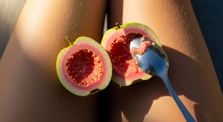 A close-up of a halved guava fruit with pink flesh, resting on tanned legs. A spoon is scooping out the fruit's interior under bright sunlight.