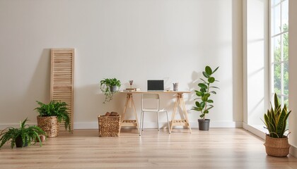 Modern Workspace with Natural Elements: A bright and airy workspace setup, featuring a wooden desk, a laptop, a chair, and an assortment of vibrant indoor plants.