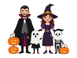 Spooktacular Family: A family of five dressed in Halloween costumes, surrounded by pumpkin jack-o'-lanterns, captures the festive spirit and excitement of Halloween night. 