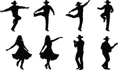 Dynamic silhouettes of country dancers and musicians, including line dancing, couples, and a guitarist, for folk music and culture themes