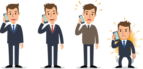 Businessman cartoon talking on phone, communication concept, office worker mobile call, happy, sad, angry, emotional character illustration vector