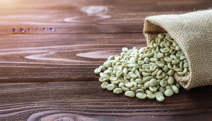 Unroasted coffee bean on wooden table: Raw coffee beans spill out of a burlap sack onto a rustic wooden surface, evoking a sensory experience, ready for roasting and transformation. 