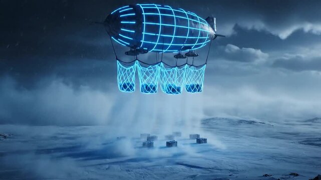 Futuristic blimp with vibrant neon lights cruises over a snowy, atmospheric landscape at dusk