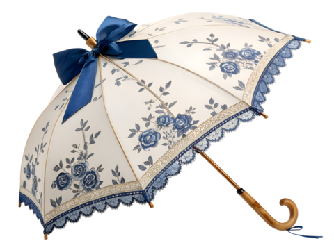 vintage lace parasol umbrella blue floral pattern wedding decoration isolated on transparent background

