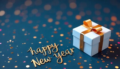 White Gift Box with Golden Ribbon and Confetti &ndash; Happy New Year Celebration Scene