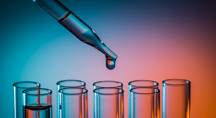 A close-up shot of a dropper releasing liquid into a test tube in a laboratory setting