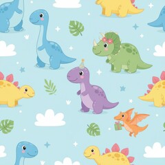 Colorful Dinosaurs and Clouds Pattern for Kids' Room Decor
