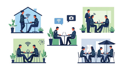 Remote Work and Hybrid Office Set – Vector Illustration of Modern Workspace Concepts AI EPS PNG JPEG