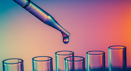 Scientist adding liquid drop to test tubes in laboratory with colorful background for research and development
