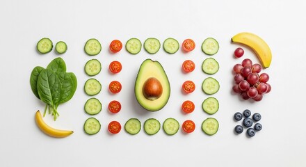 A colorful arrangement of fresh fruits and vegetables on a white background. Includes avocado, cucumber, tomatoes, spinach, grapes, blueberries, and banana.