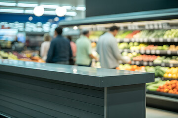 a grocery store, shelves of produce, blurred people in the background, colorful fruits and vegetables, supermarket atmosphere, shopping carts, bright lighting, modern interior design,