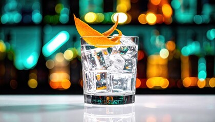 Craft Cocktail on Display: A meticulously crafted cocktail, composed of ice cubes, stands elegantly atop a bar, its refined aesthetic enhanced by a captivating bokeh background.